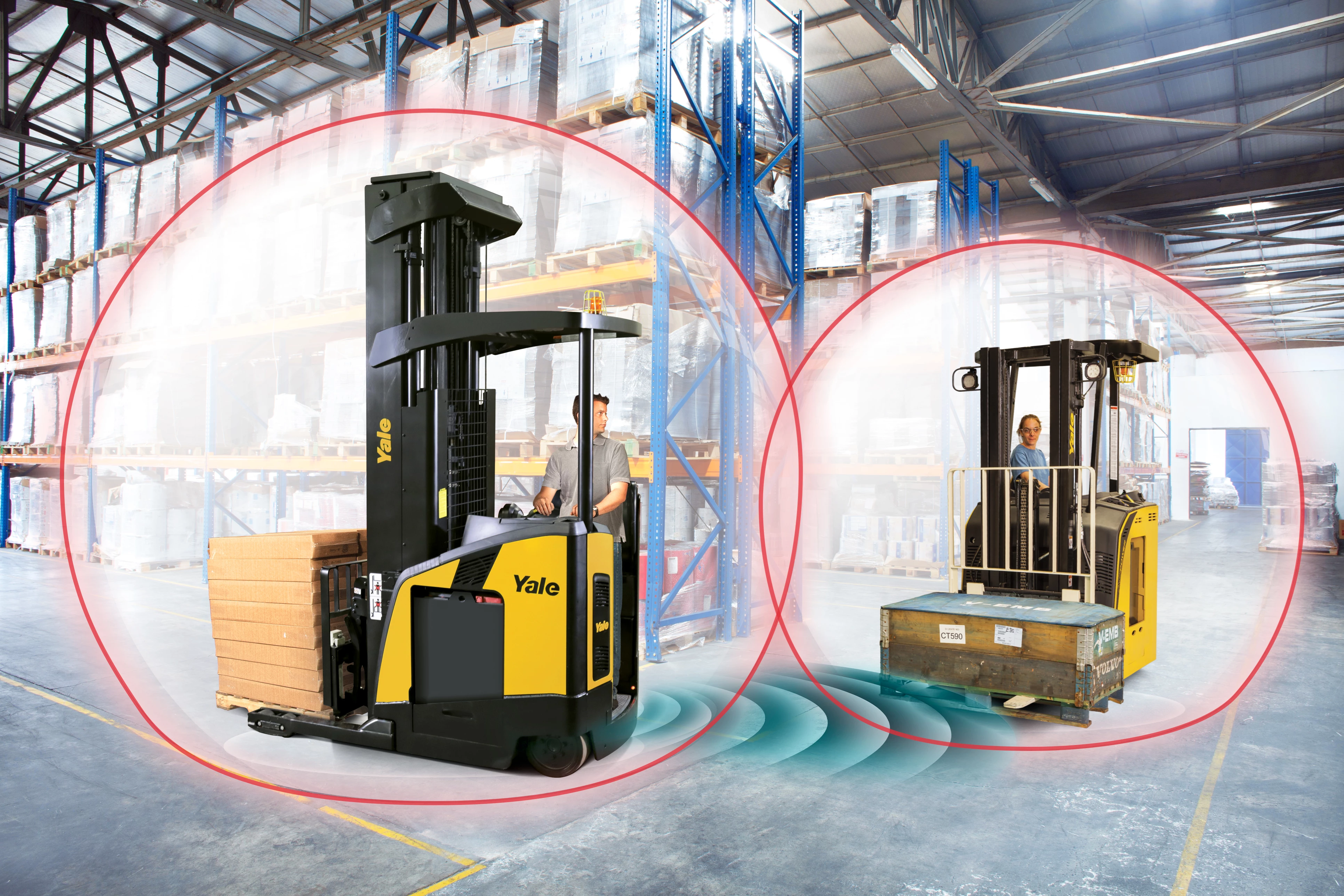 Reach truck equipped with operator assist technology slows as nears pedestrian standing in warehouse. 