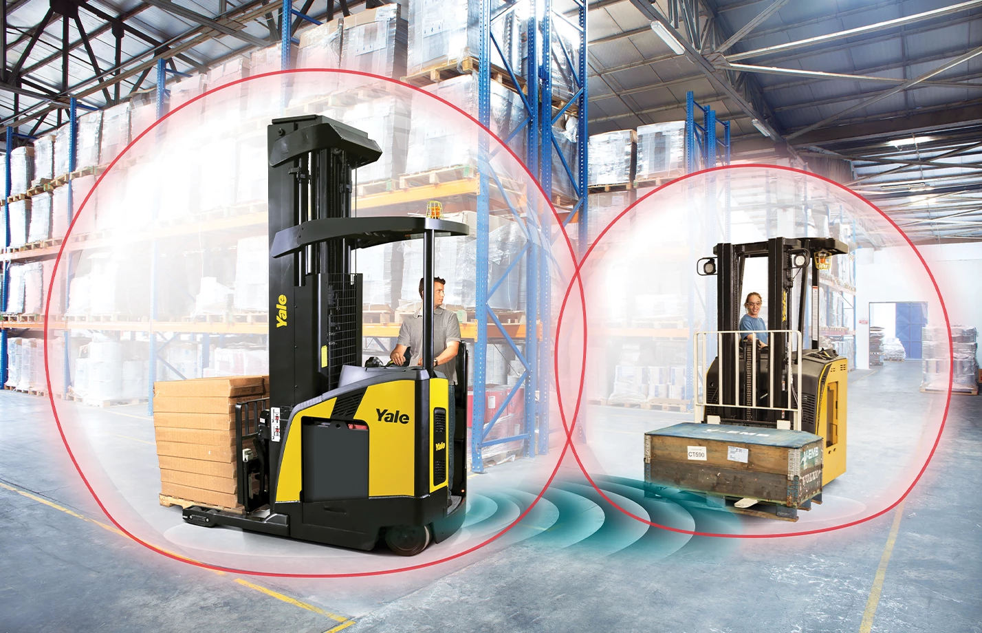 Two Yale lift trucks in a warehouse illustrating the operation of Yale Reliant operator assist technology.