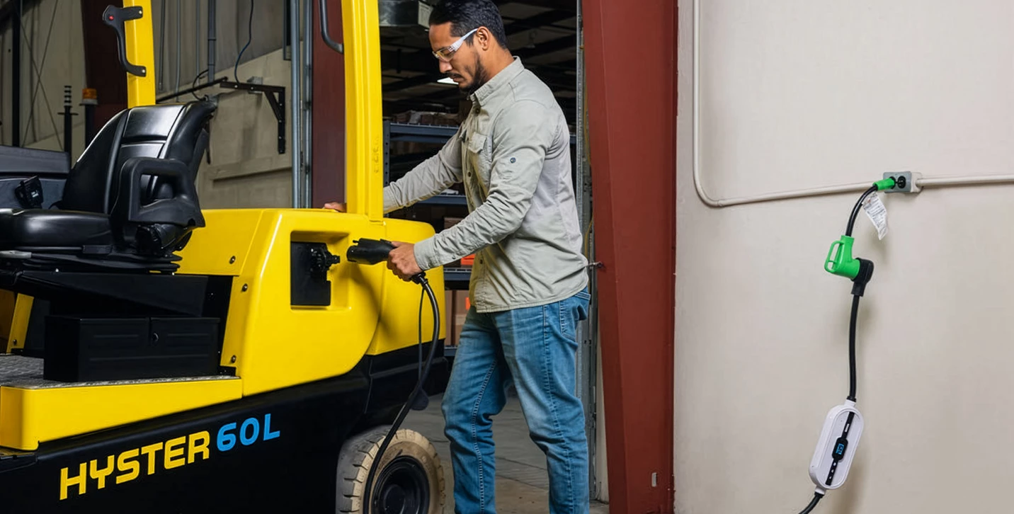 Person plugging in Hyster electric lift truck to charge. 