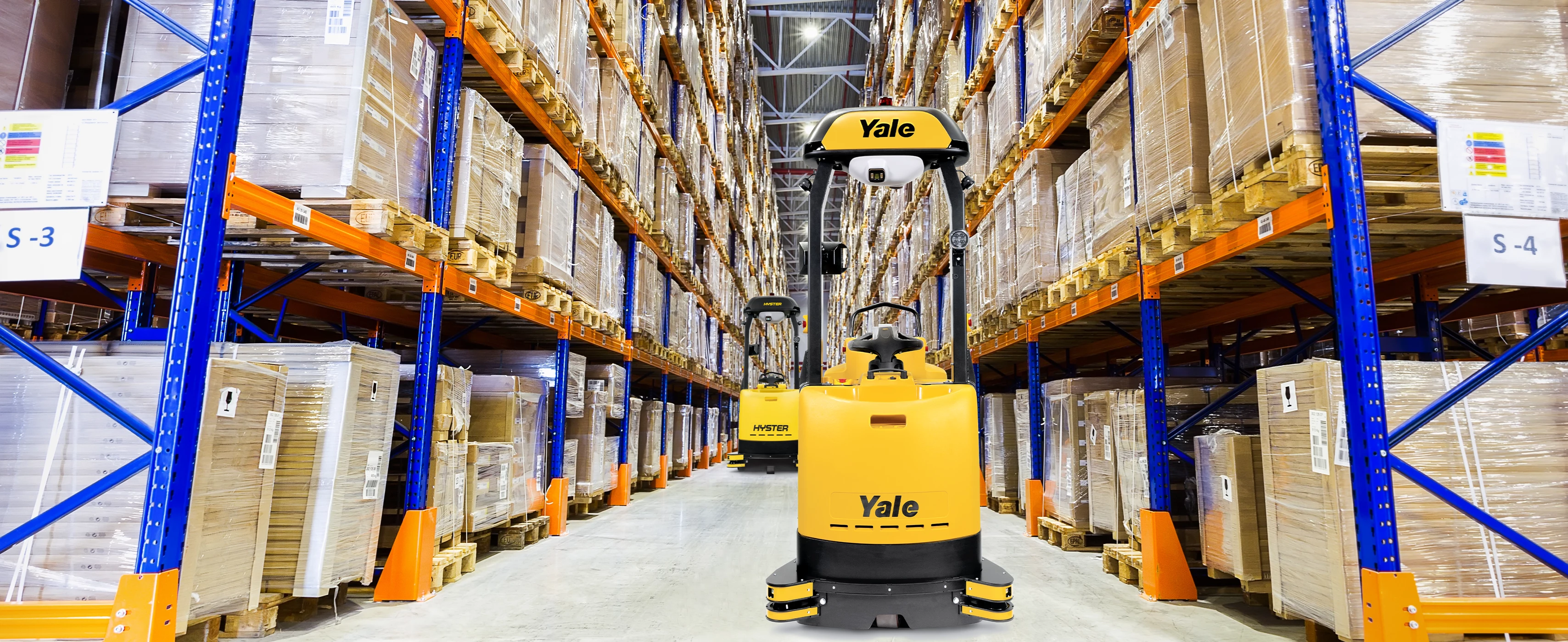 Yale Relay and Hyster Atlas automated lift trucks operating in narrow aisle.