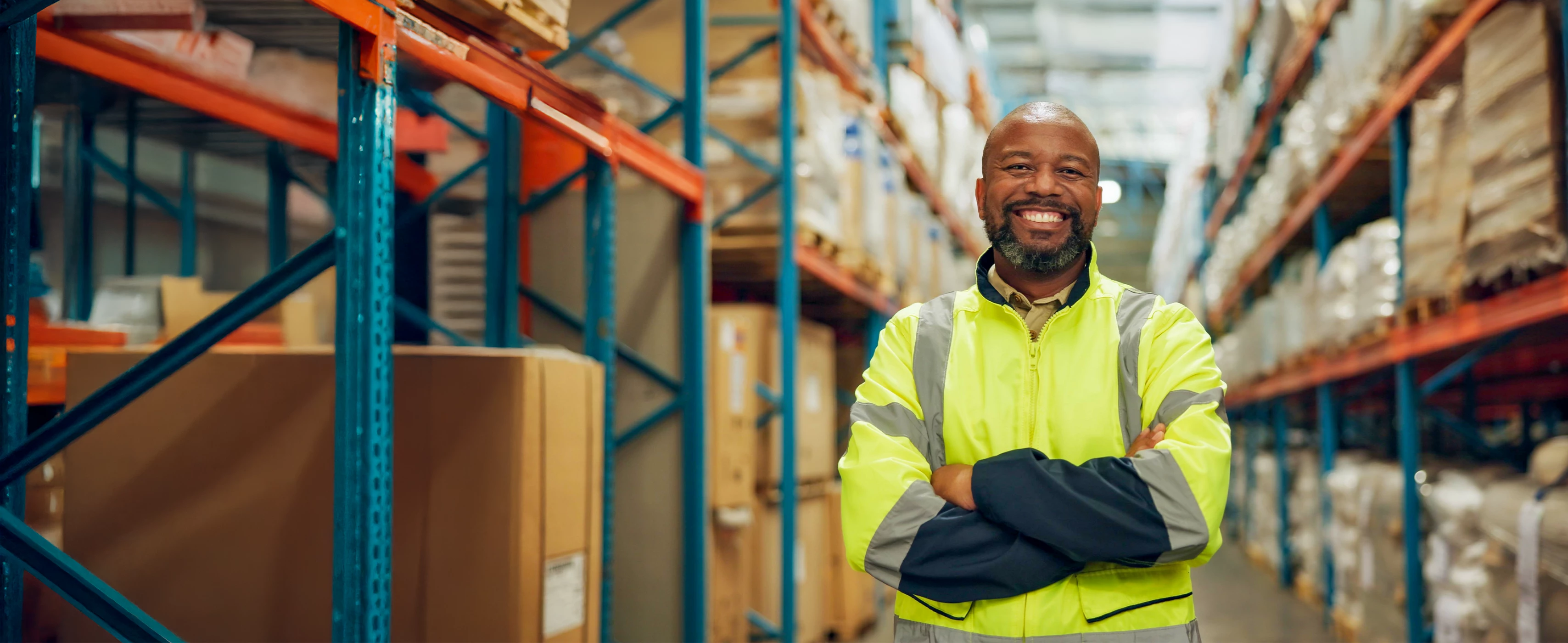 Man standing in warehouse smiling.